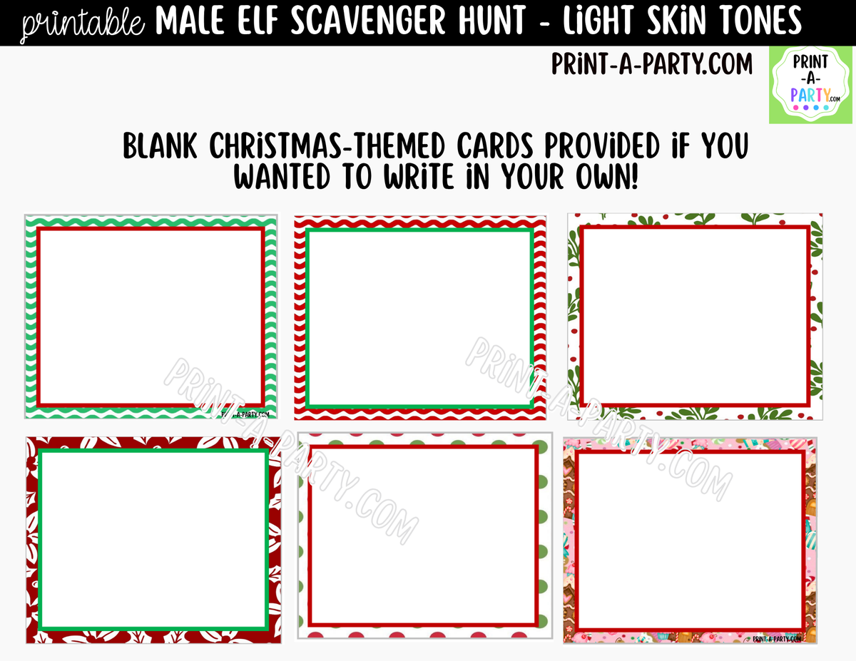 Printable Christmas Elf Scavenger Hunt - Male Elf with Light Skin Tone Clue Cards for Kids