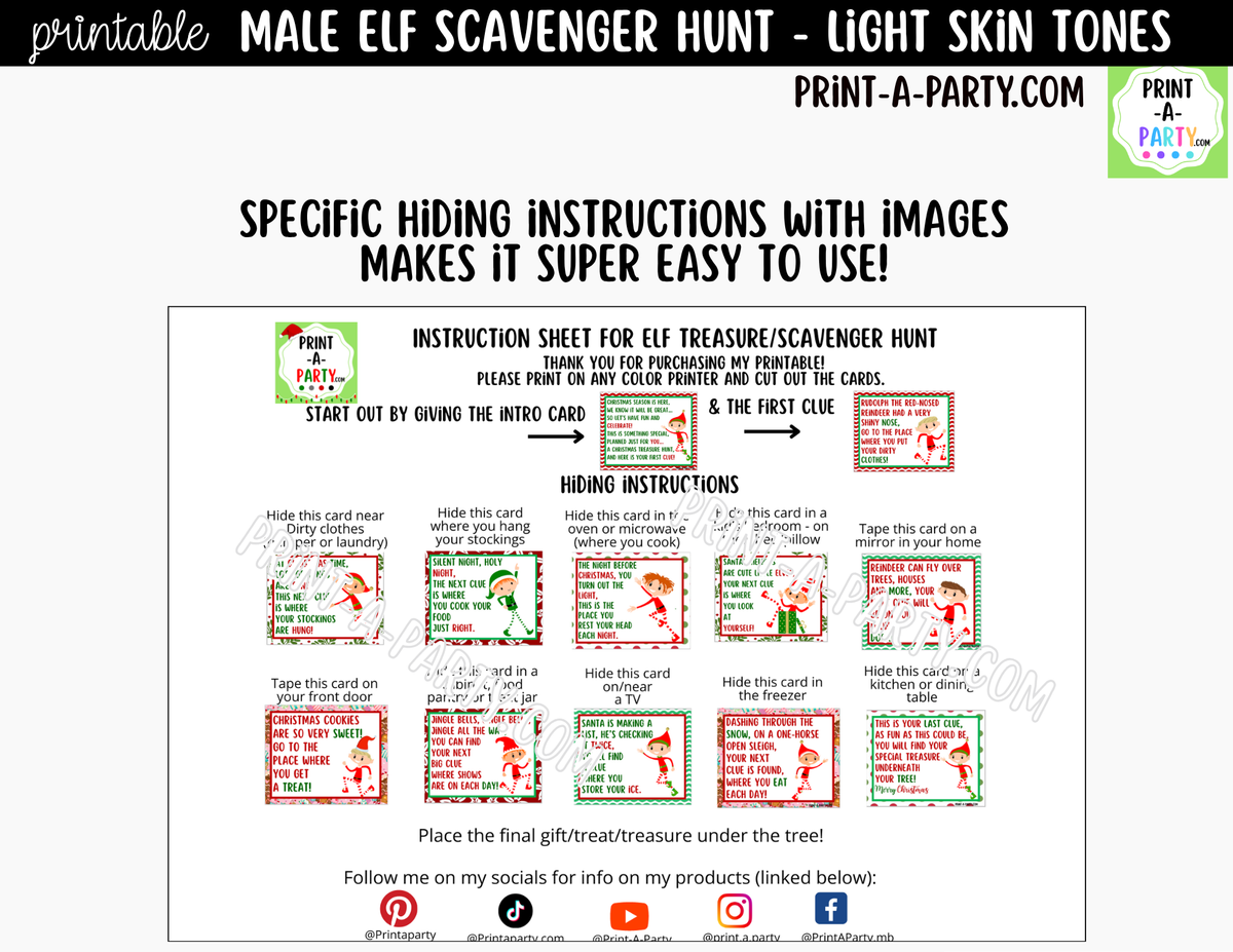 Printable Christmas Elf Scavenger Hunt - Male Elf with Light Skin Tone Clue Cards for Kids