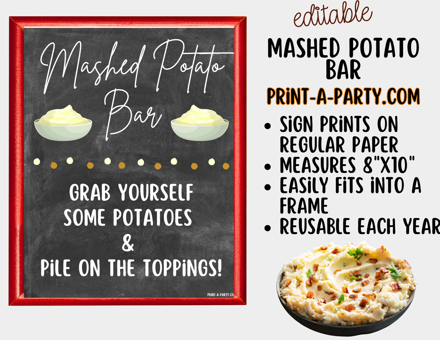 Editable Mashed Potato Bar Printable Sign (8x10) and Topping Tent Cards - Printable Food Station for Parties and Events