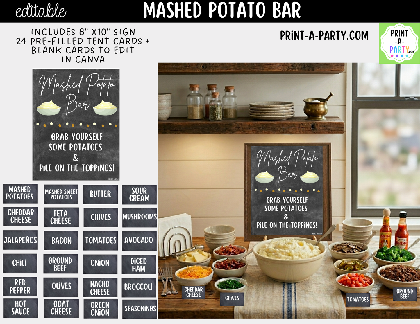 Editable Mashed Potato Bar Printable Sign (8x10) and Topping Tent Cards - Printable Food Station for Parties and Events