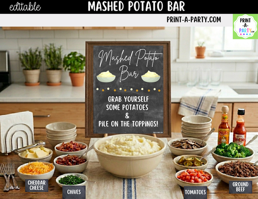 Editable Mashed Potato Bar Printable Sign (8x10) and Topping Tent Cards - Printable Food Station for Parties and Events