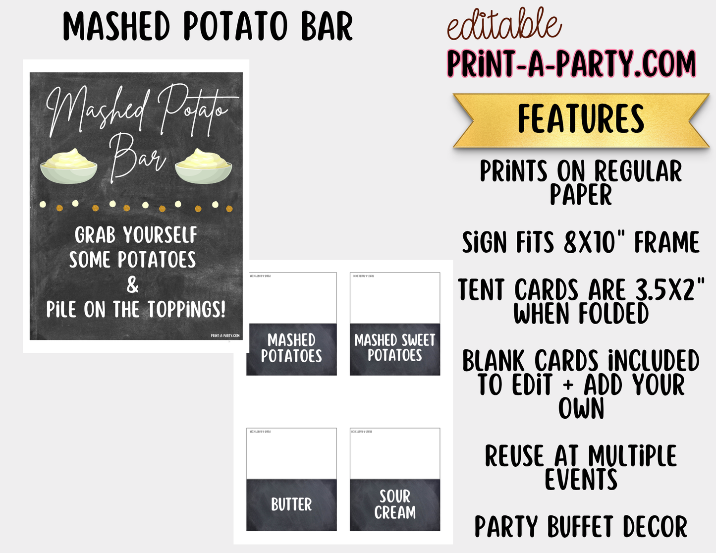 Editable Mashed Potato Bar Printable Sign (8x10) and Topping Tent Cards - Printable Food Station for Parties and Events