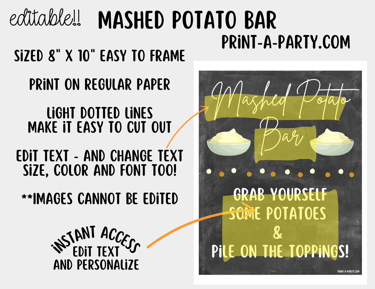 Editable Mashed Potato Bar Printable Sign (8x10) and Topping Tent Cards - Printable Food Station for Parties and Events