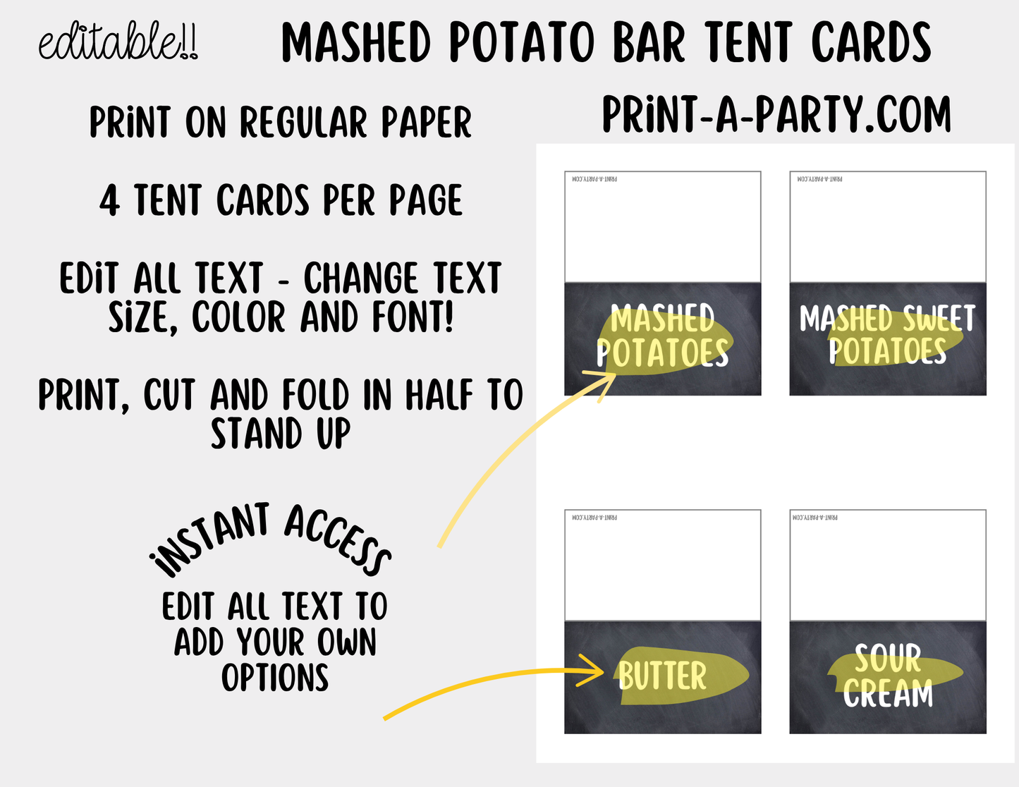 Editable Mashed Potato Bar Printable Sign (8x10) and Topping Tent Cards - Printable Food Station for Parties and Events