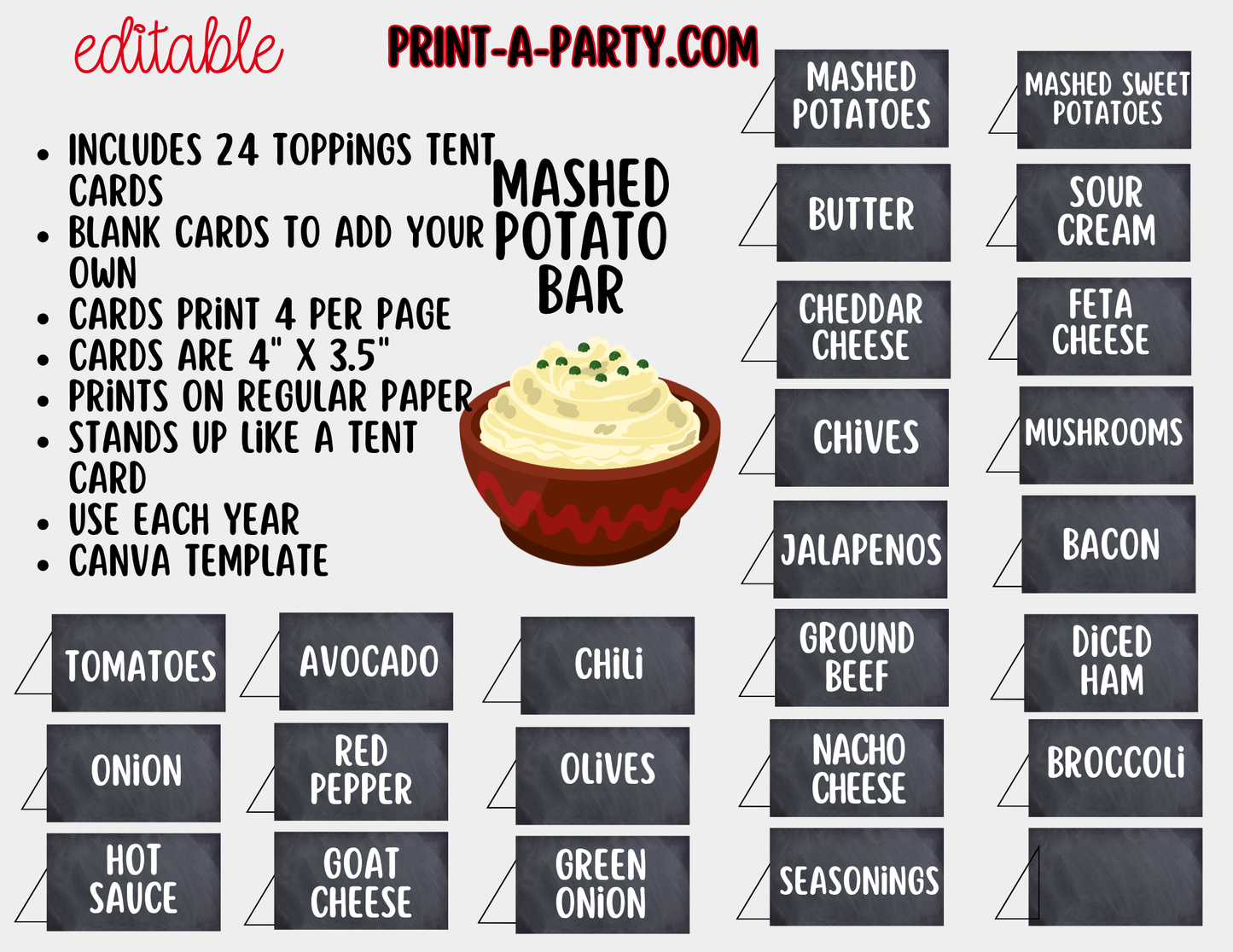 Editable Mashed Potato Bar Printable Sign (8x10) and Topping Tent Cards - Printable Food Station for Parties and Events