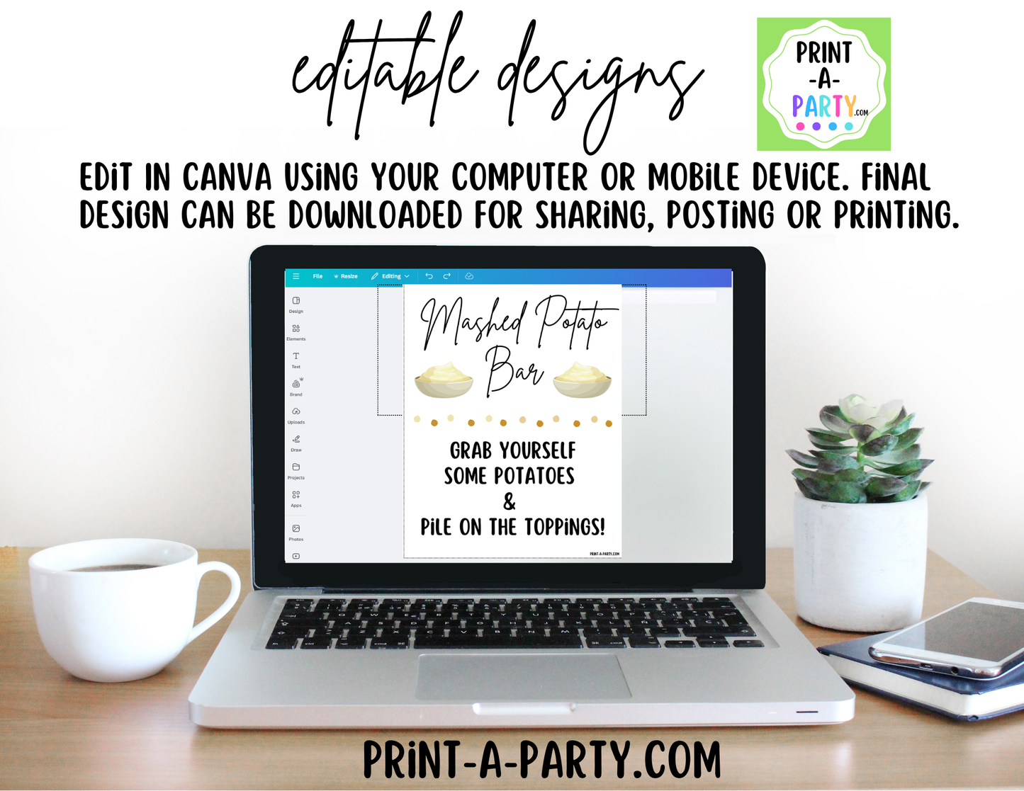 Editable Mashed Potato Bar Printable Sign (8x10) and Topping Tent Cards - Printable Food Station for Parties and Events
