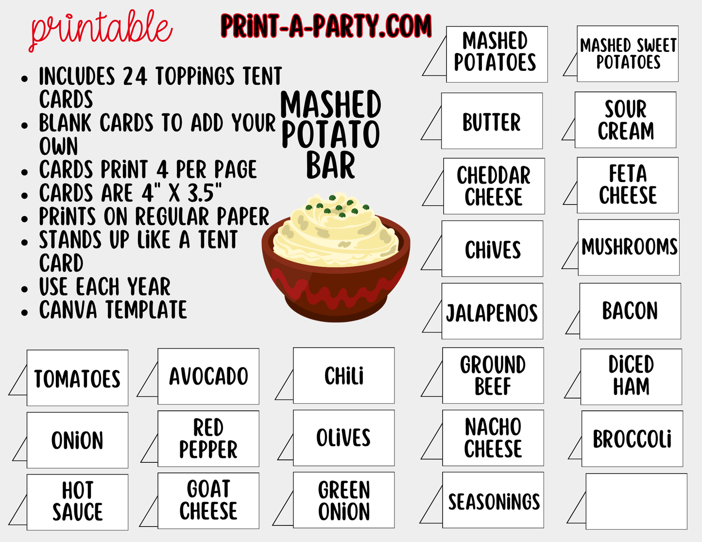 Editable Mashed Potato Bar Printable Sign (8x10) and Topping Tent Cards - Printable Food Station for Parties and Events