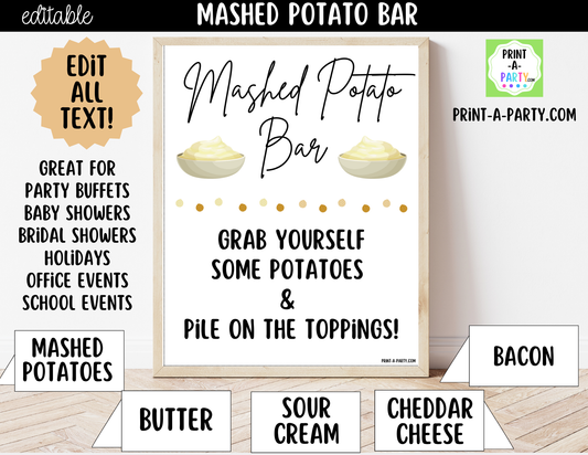 Editable Mashed Potato Bar Printable Sign (8x10) and Topping Tent Cards - Printable Food Station for Parties and Events