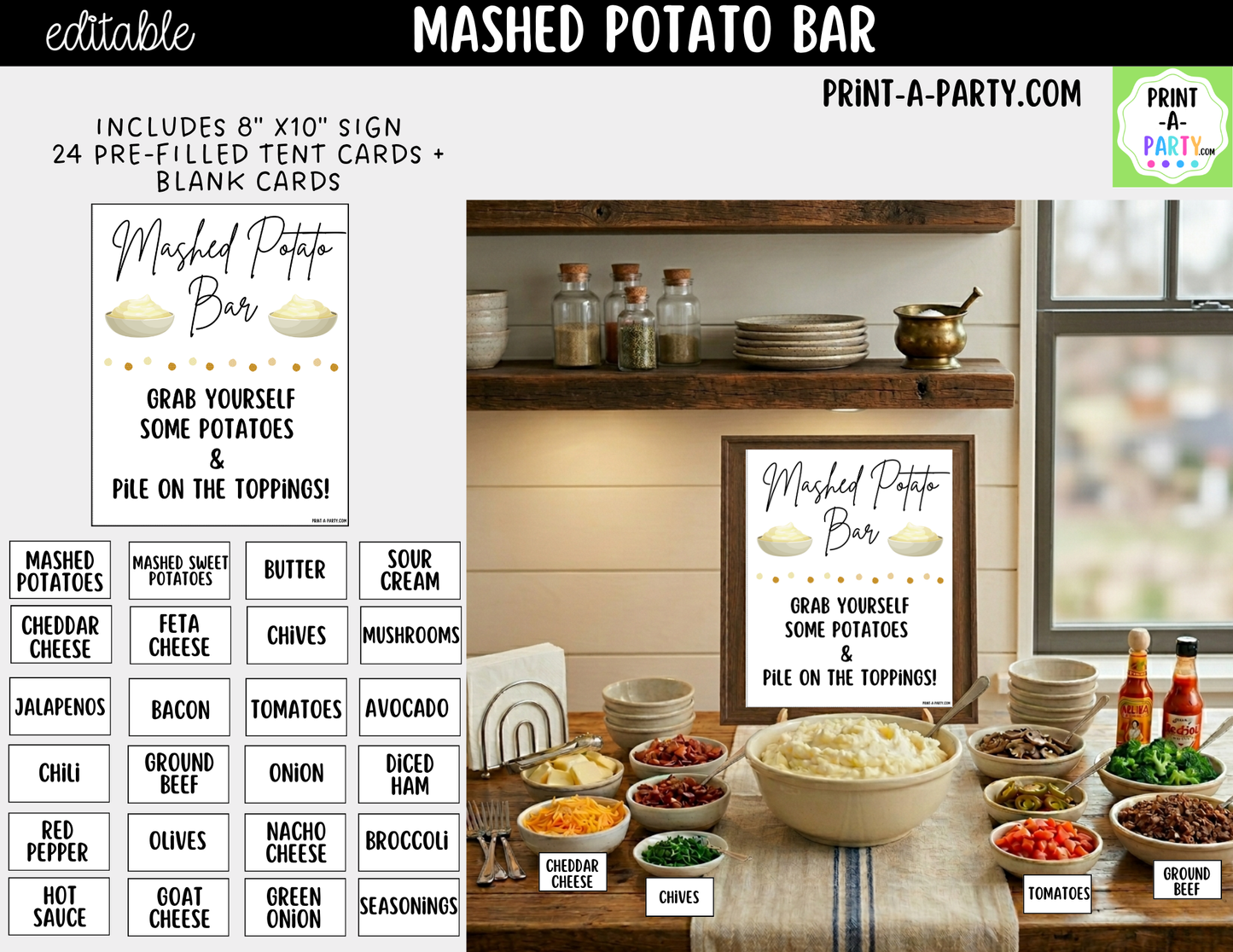 Editable Mashed Potato Bar Printable Sign (8x10) and Topping Tent Cards - Printable Food Station for Parties and Events