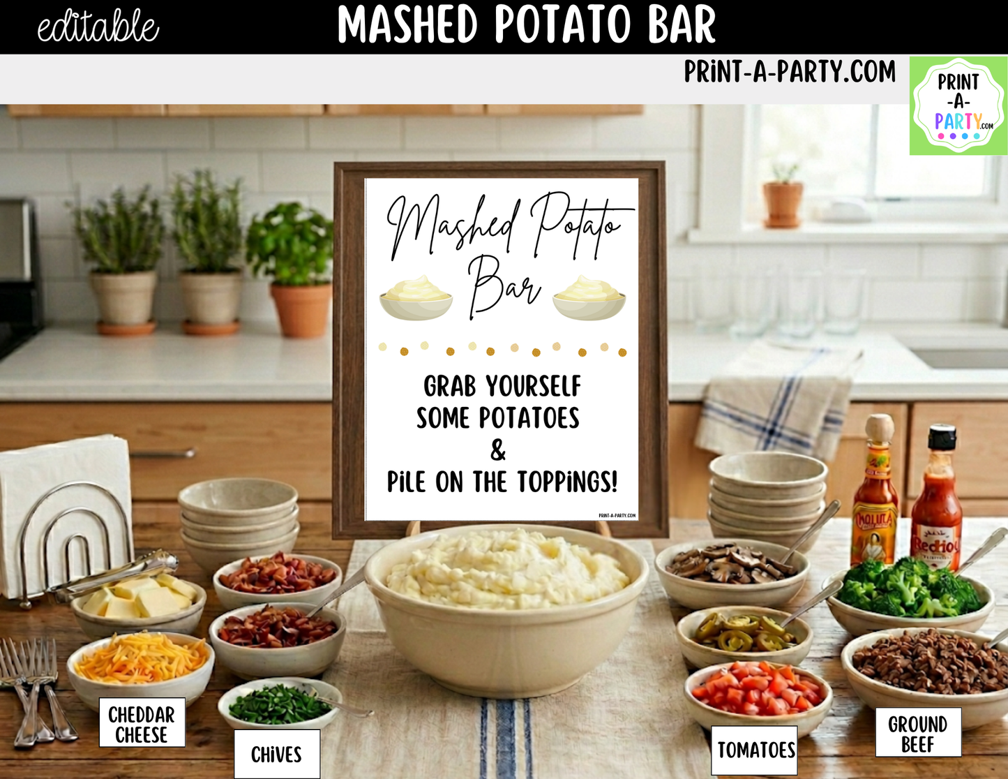 Editable Mashed Potato Bar Printable Sign (8x10) and Topping Tent Cards - Printable Food Station for Parties and Events
