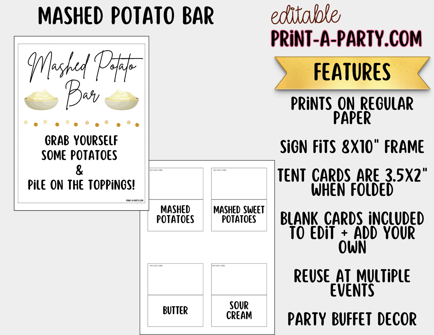 Editable Mashed Potato Bar Printable Sign (8x10) and Topping Tent Cards - Printable Food Station for Parties and Events