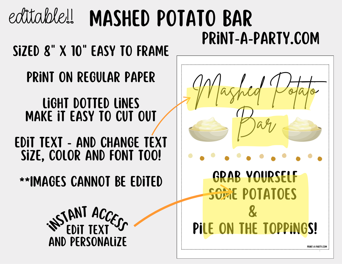 Editable Mashed Potato Bar Printable Sign (8x10) and Topping Tent Cards - Printable Food Station for Parties and Events