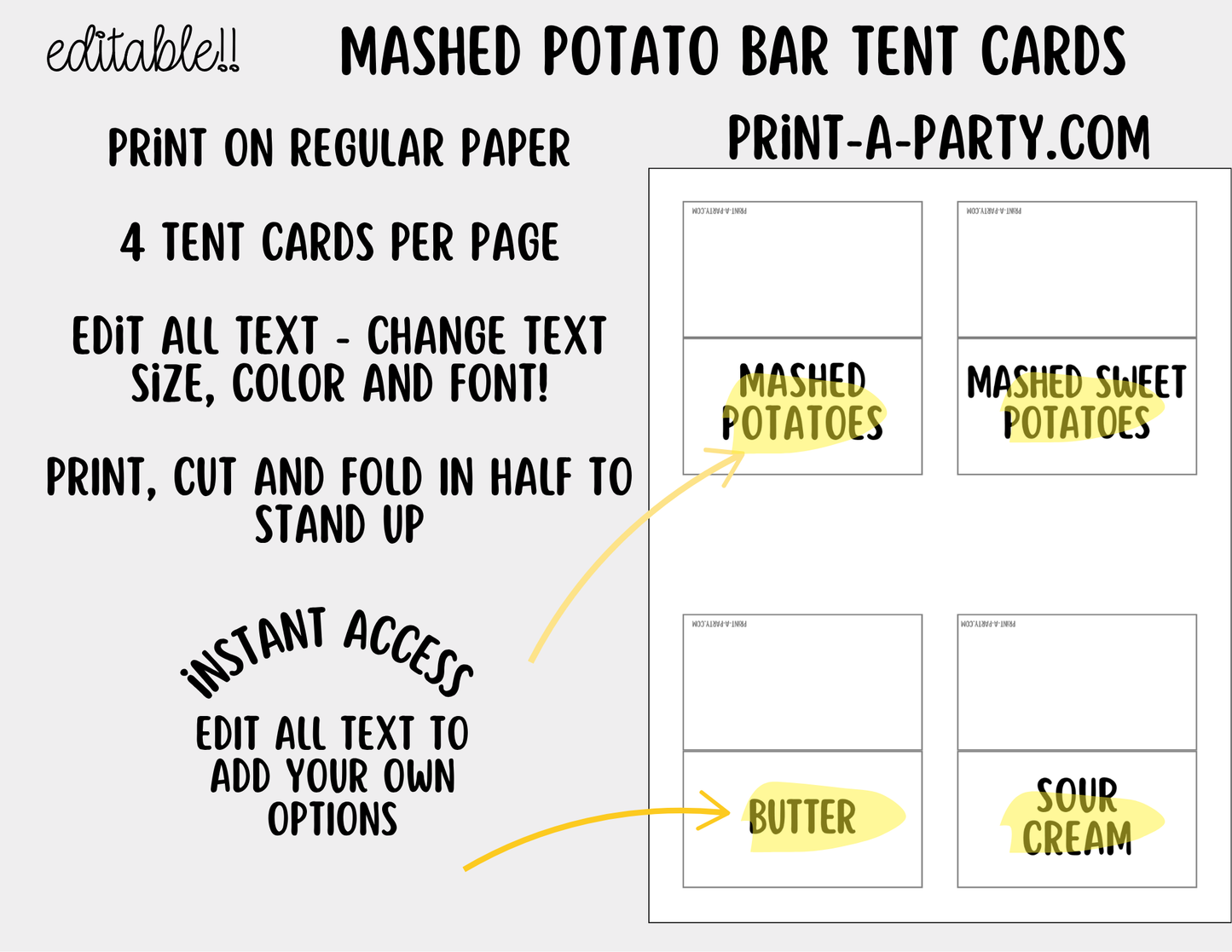 Editable Mashed Potato Bar Printable Sign (8x10) and Topping Tent Cards - Printable Food Station for Parties and Events