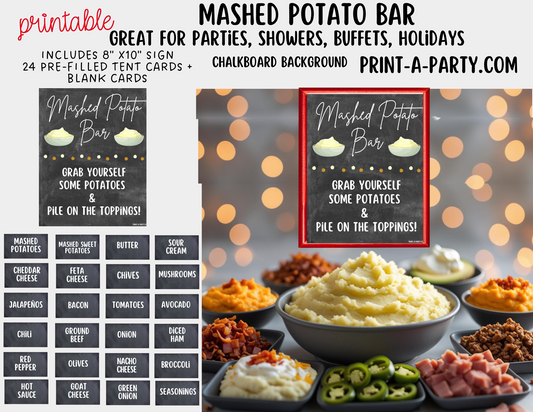 MASHED POTATO BAR Station Chalkboard Printable Sign & Food Toppings Labels - Perfect for Birthdays, Buffets, Showers, Parties, or Holidays