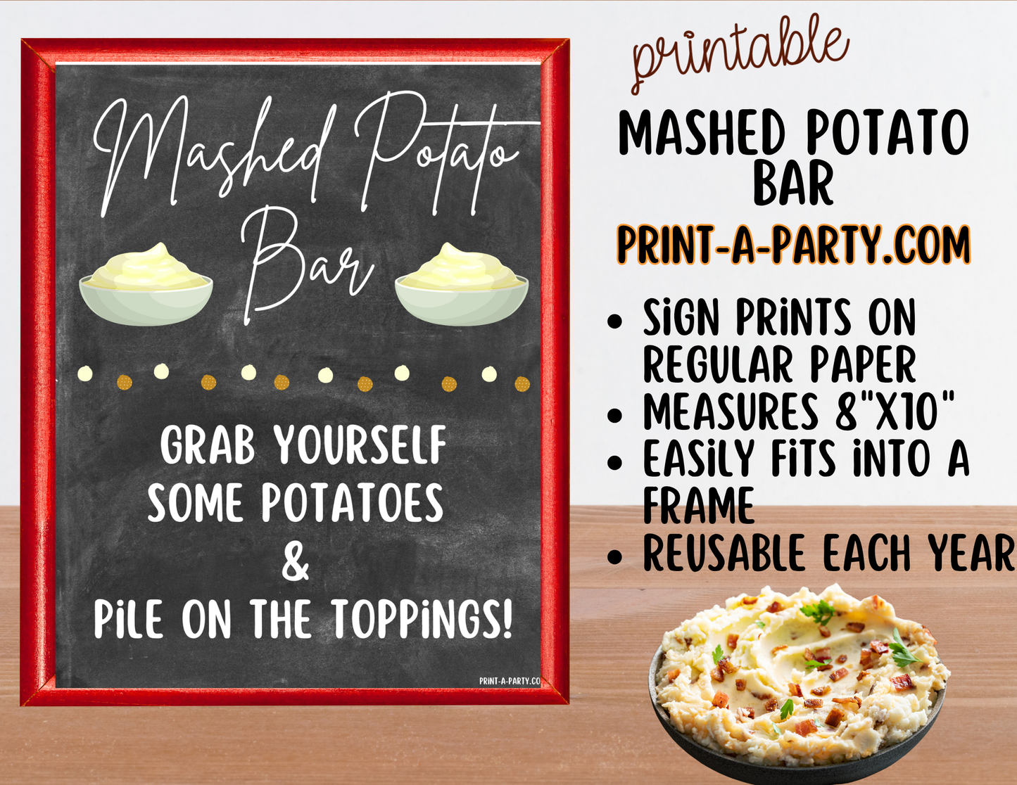 Mashed Potato Bar - Printable Sign (8x10) & Toppings Tent Cards - For Party Buffets