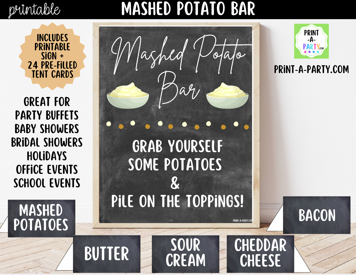 Mashed Potato Bar - Printable Sign (8x10) & Toppings Tent Cards - For Party Buffets