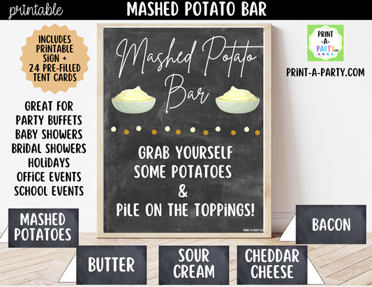 Mashed Potato Bar - Printable Sign (8x10) & Toppings Tent Cards - For Party Buffets