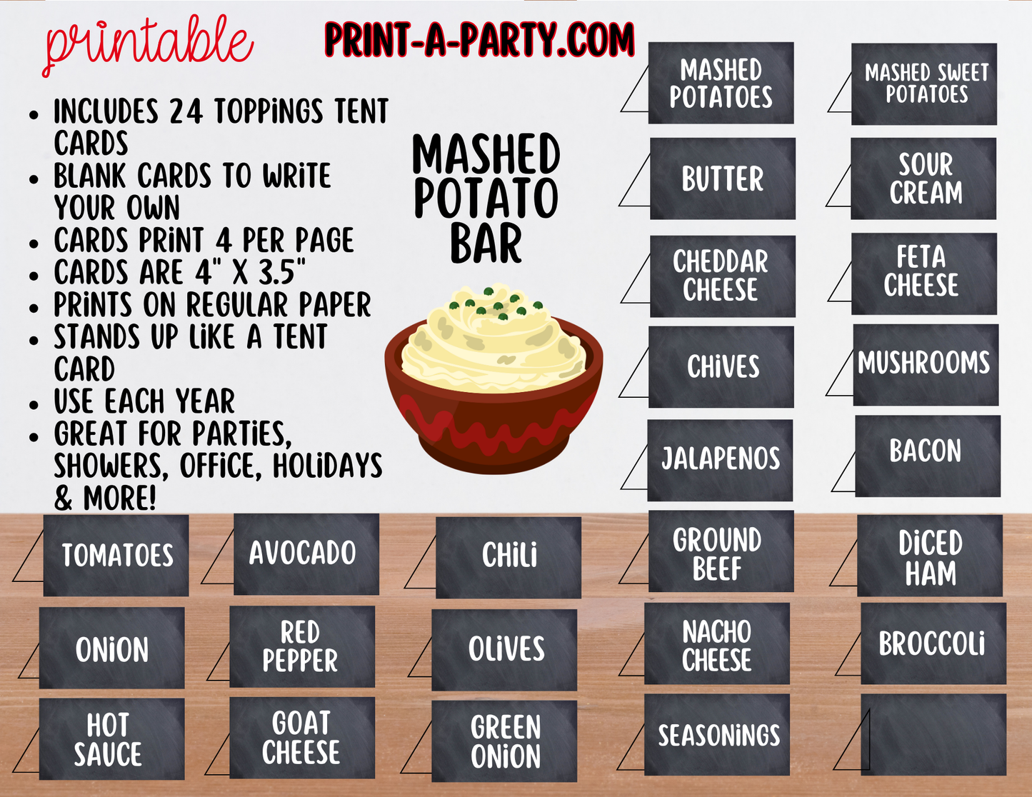 Mashed Potato Bar - Printable Sign & Toppings Tent Cards - Perfect for Birthdays, Buffets, Showers, Parties, or Holidays