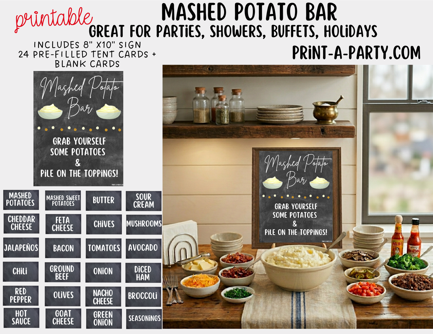Mashed Potato Bar - Printable Sign (8x10) & Toppings Tent Cards - For Party Buffets