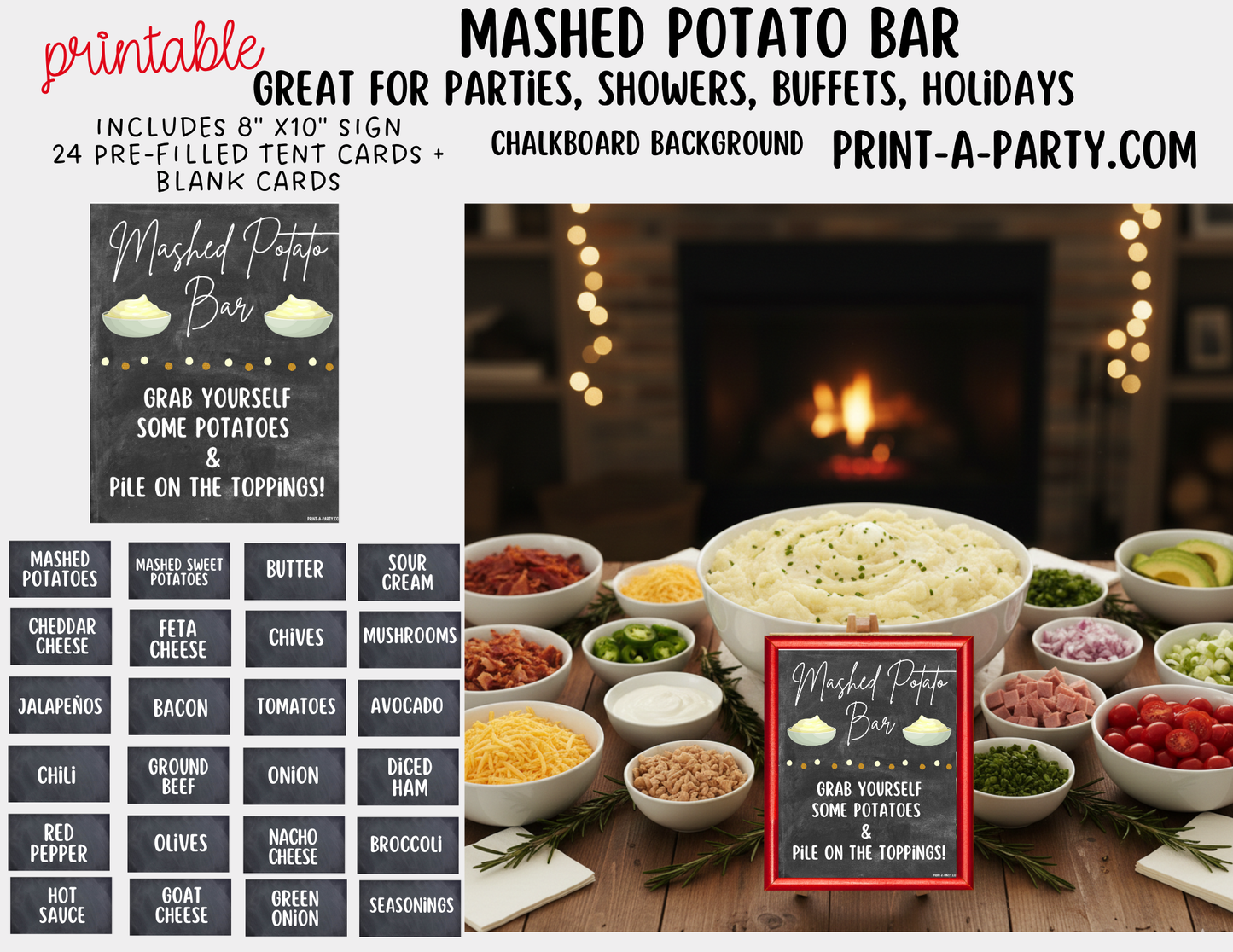 Mashed Potato Bar - Printable Sign & Toppings Tent Cards - Perfect for Birthdays, Buffets, Showers, Parties, or Holidays