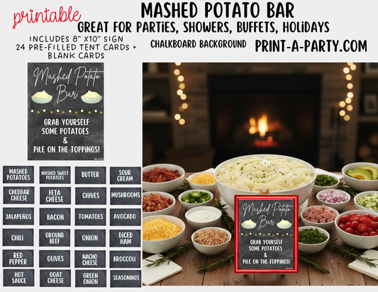Mashed Potato Bar - Printable Sign & Toppings Tent Cards - Perfect for Birthdays, Buffets, Showers, Parties, or Holidays