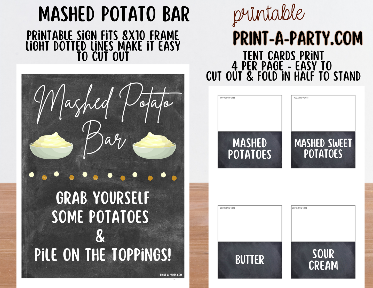 Mashed Potato Bar - Printable Sign (8x10) & Toppings Tent Cards - For Party Buffets