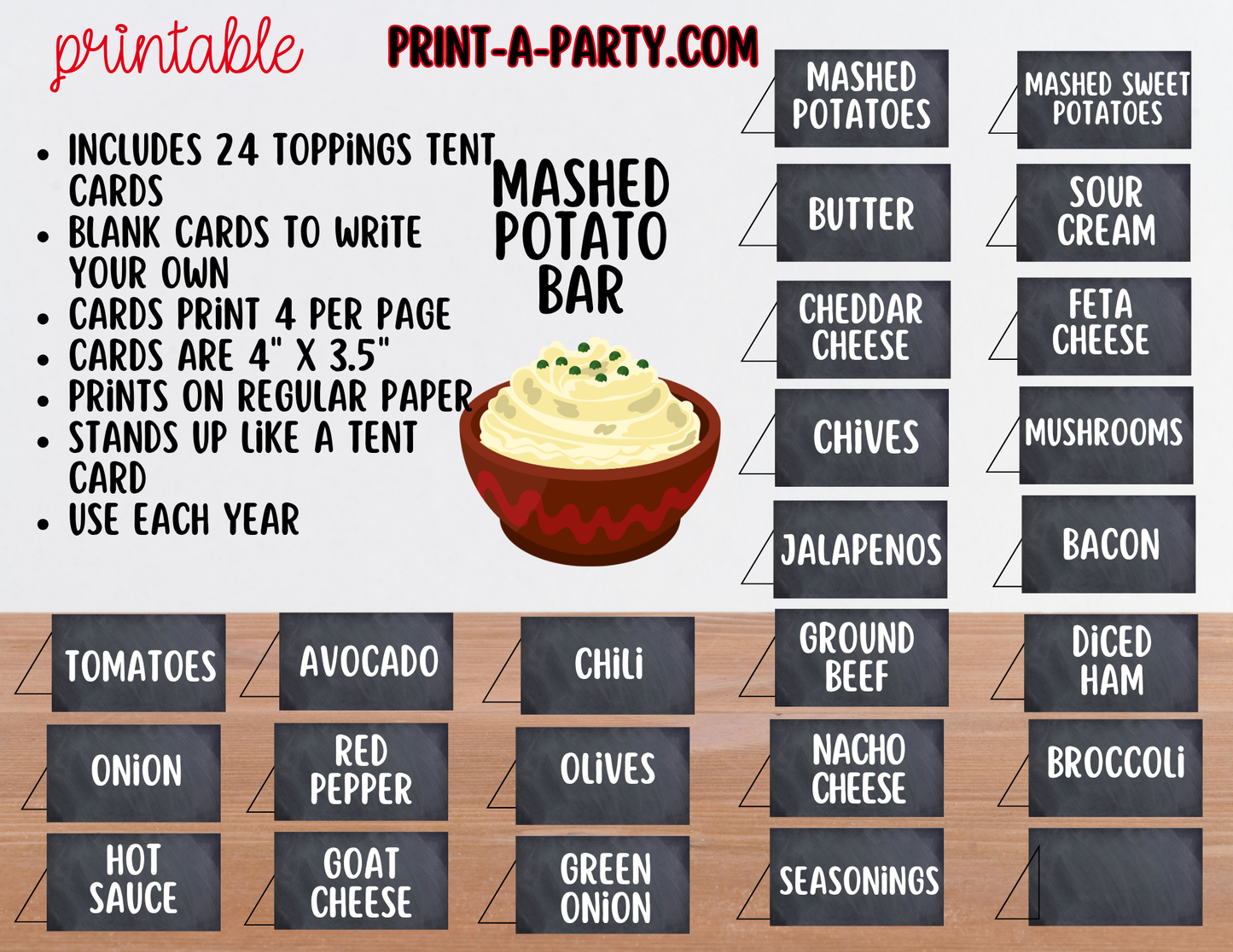 Mashed Potato Bar - Printable Sign (8x10) & Toppings Tent Cards - For Party Buffets
