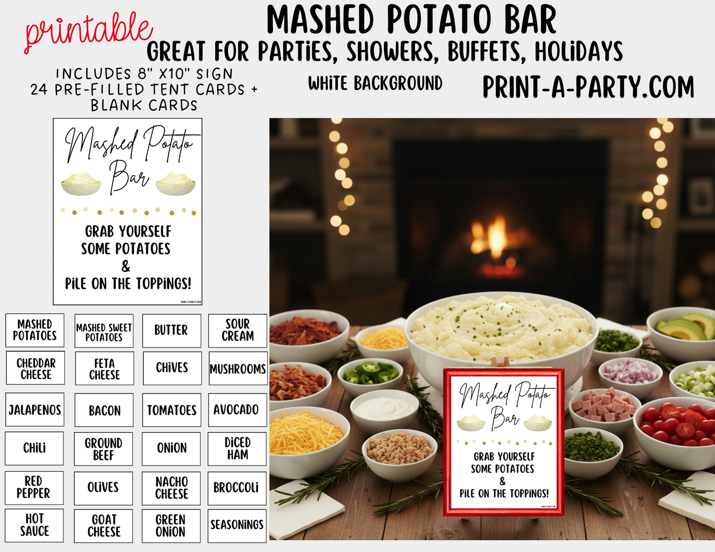 Mashed Potato Bar - Printable Sign & Toppings Tent Cards - Perfect for Birthdays, Buffets, Showers, Parties, or Holidays