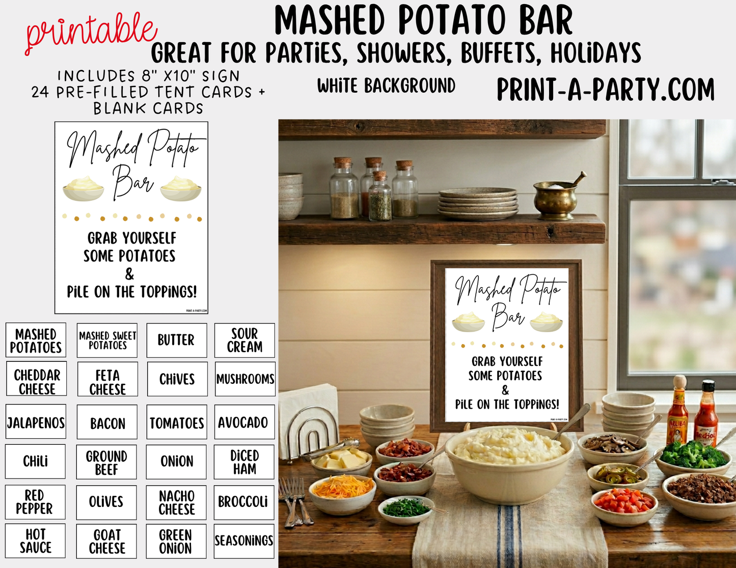 Mashed Potato Bar - Printable Sign (8x10) & Toppings Tent Cards - For Party Buffets