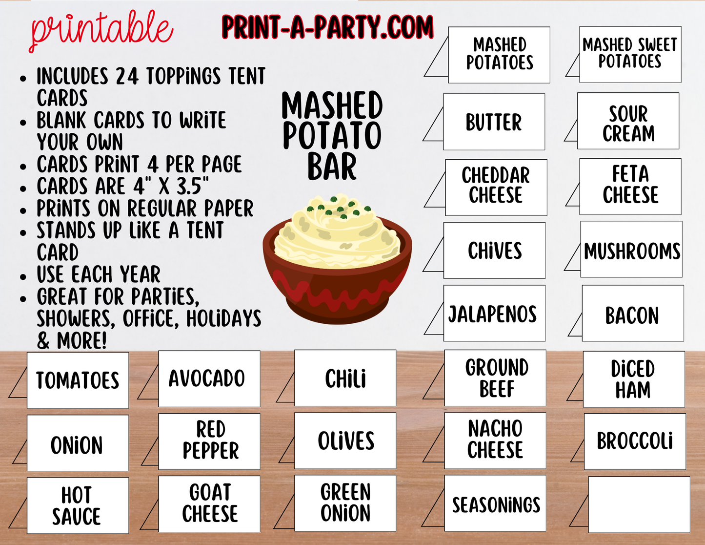 Mashed Potato Bar - Printable Sign & Toppings Tent Cards - Perfect for Birthdays, Buffets, Showers, Parties, or Holidays