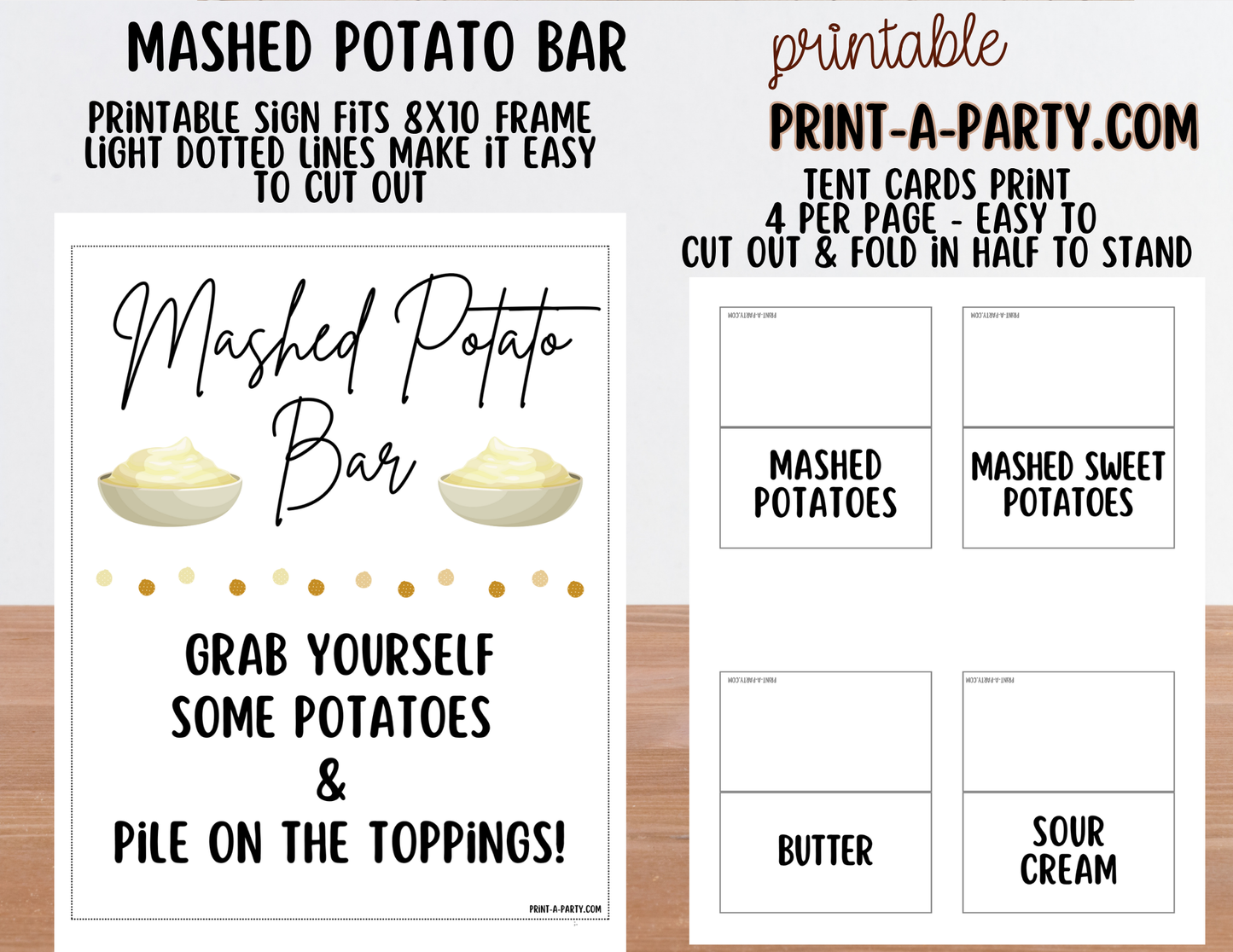 Mashed Potato Bar - Printable Sign (8x10) & Toppings Tent Cards - For Party Buffets