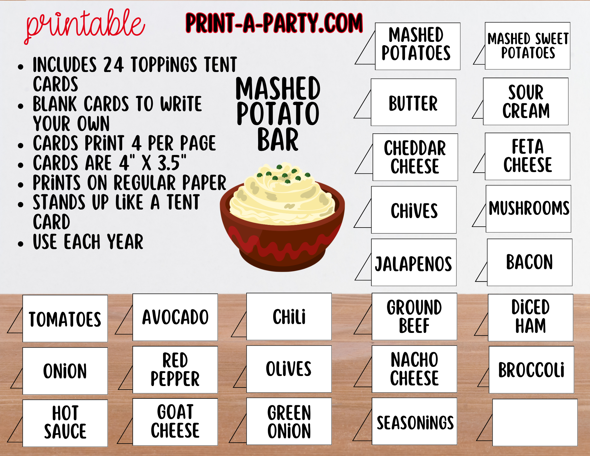Mashed Potato Bar - Printable Sign (8x10) & Toppings Tent Cards - For ...