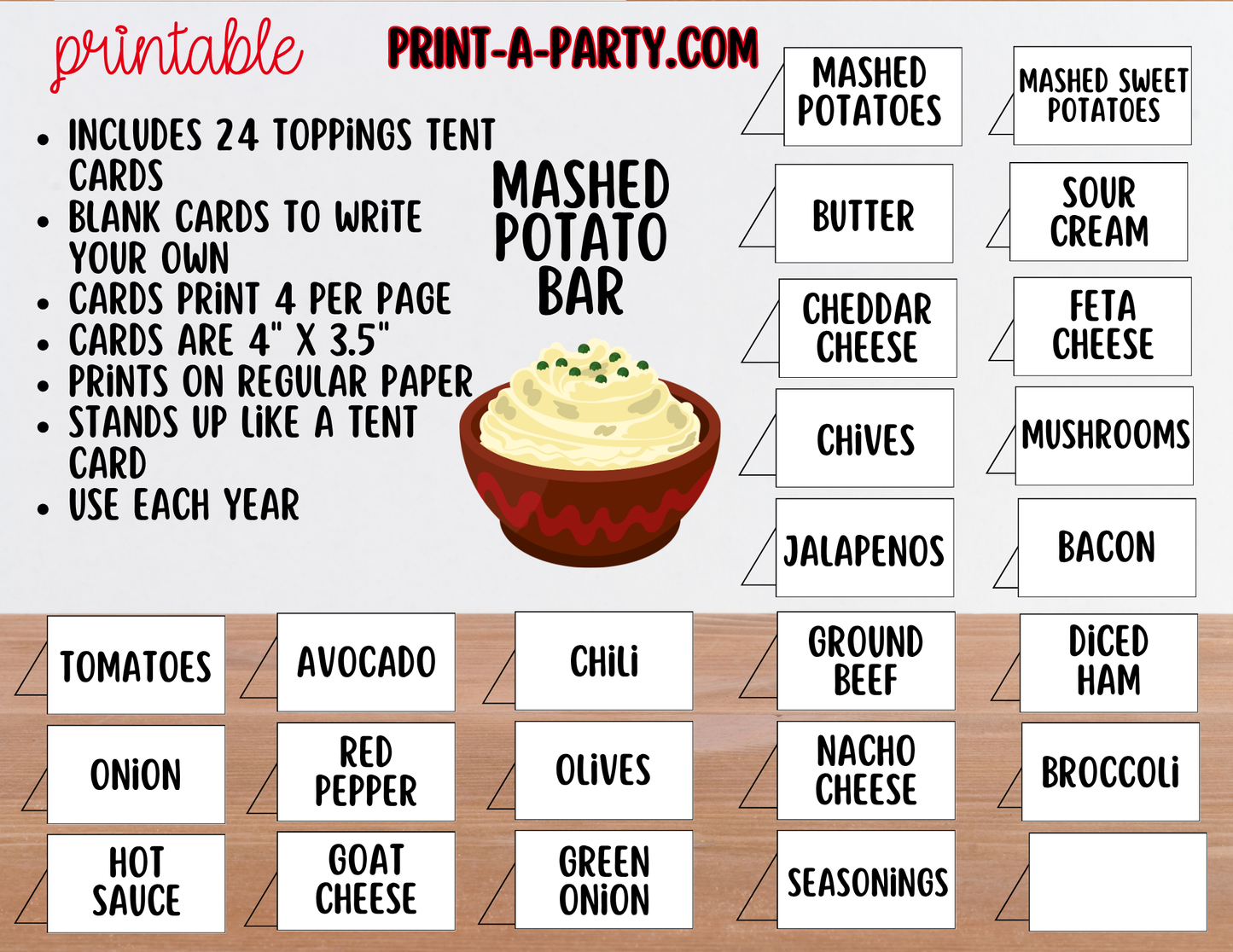 Mashed Potato Bar - Printable Sign (8x10) & Toppings Tent Cards - For Party Buffets