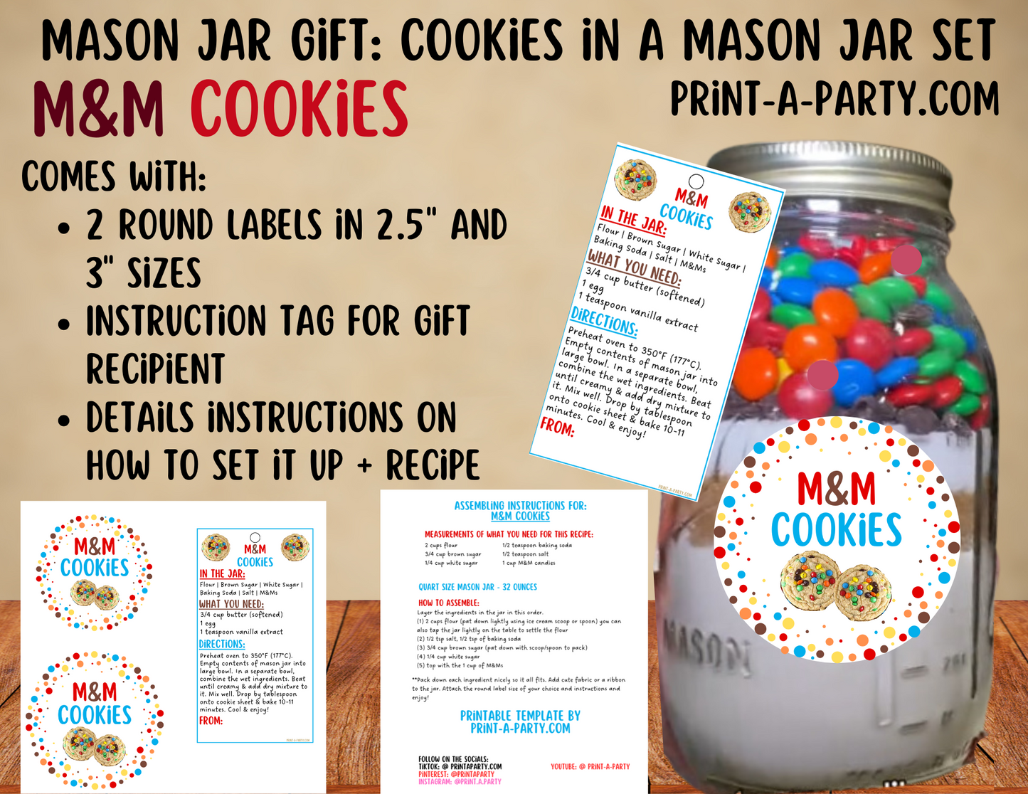 MASON JAR COOKIE GIFT: M&M Cookies in a Mason Jar | Cookie in a jar Gift | Mason Jar Gift Kit | Mason Jar Gift Idea