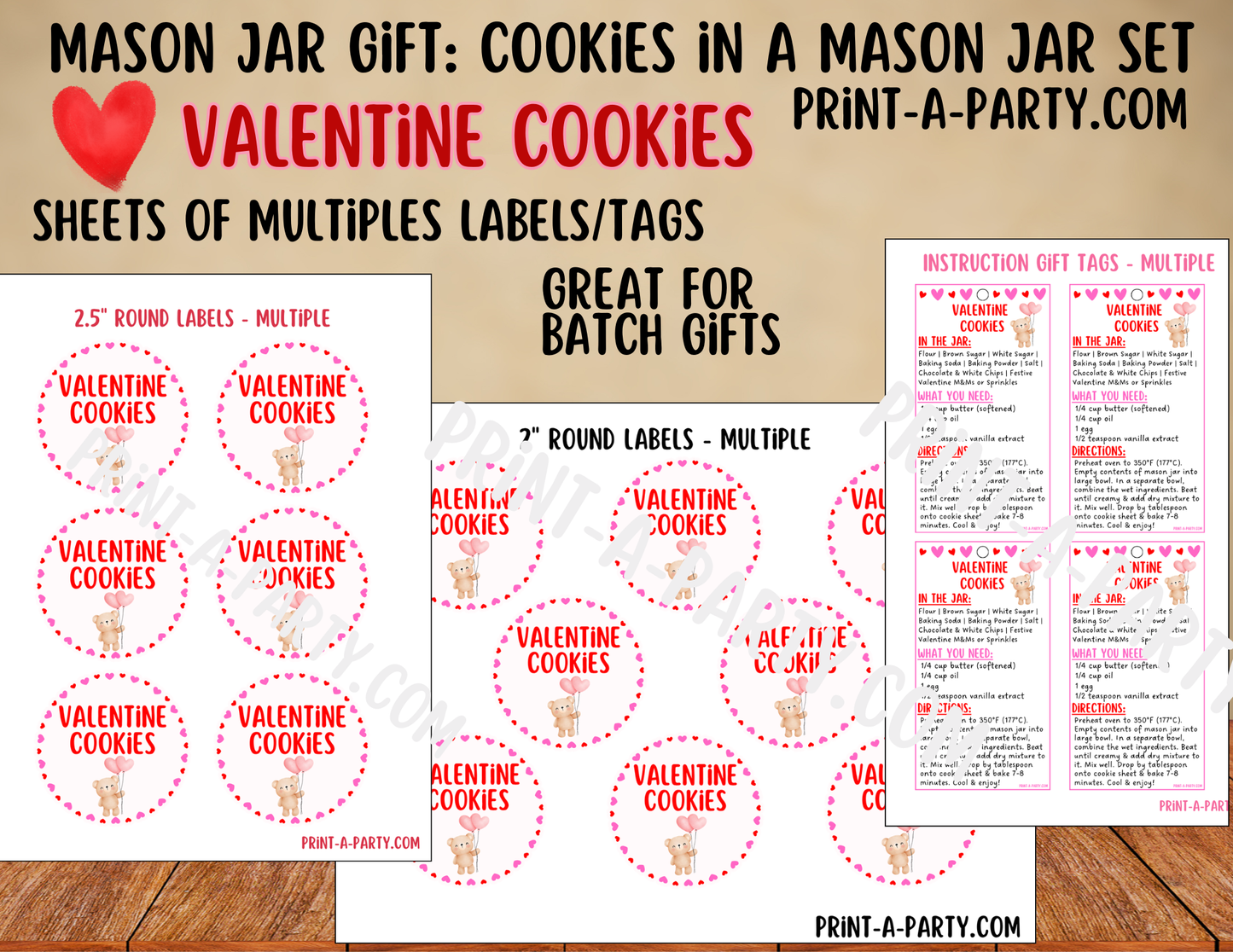 Valentine's Day Cookies in a Printable Mason Jar Gift - Labels & Tag, Recipe Instructions