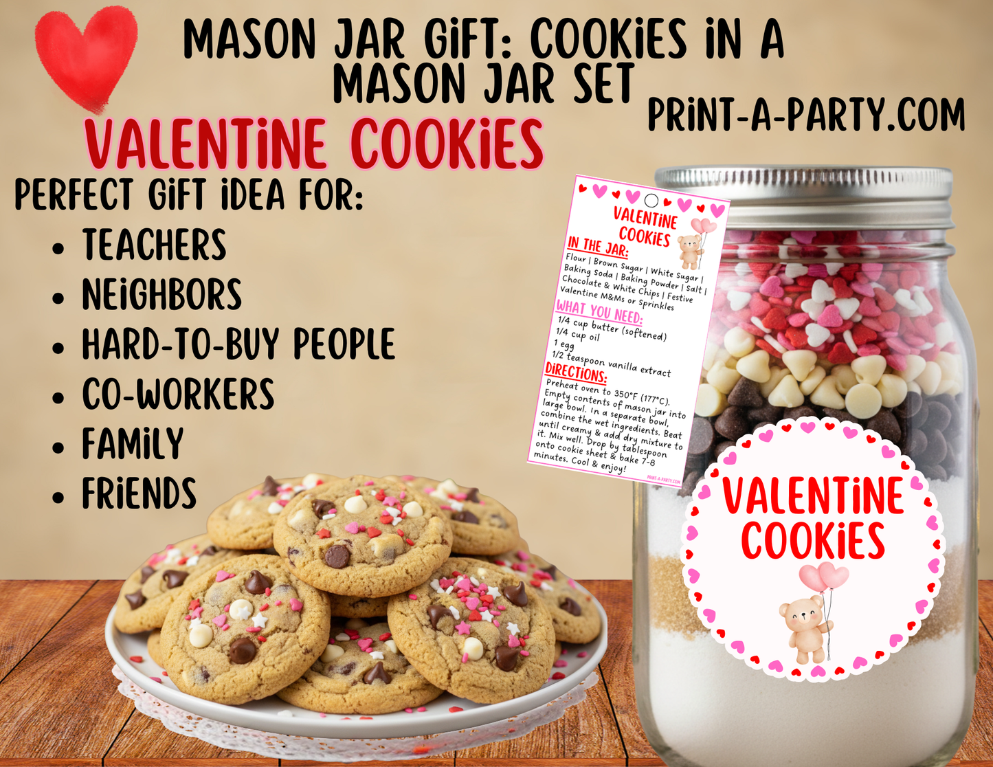 Valentine's Day Cookies in a Printable Mason Jar Gift - Labels & Tag, Recipe Instructions
