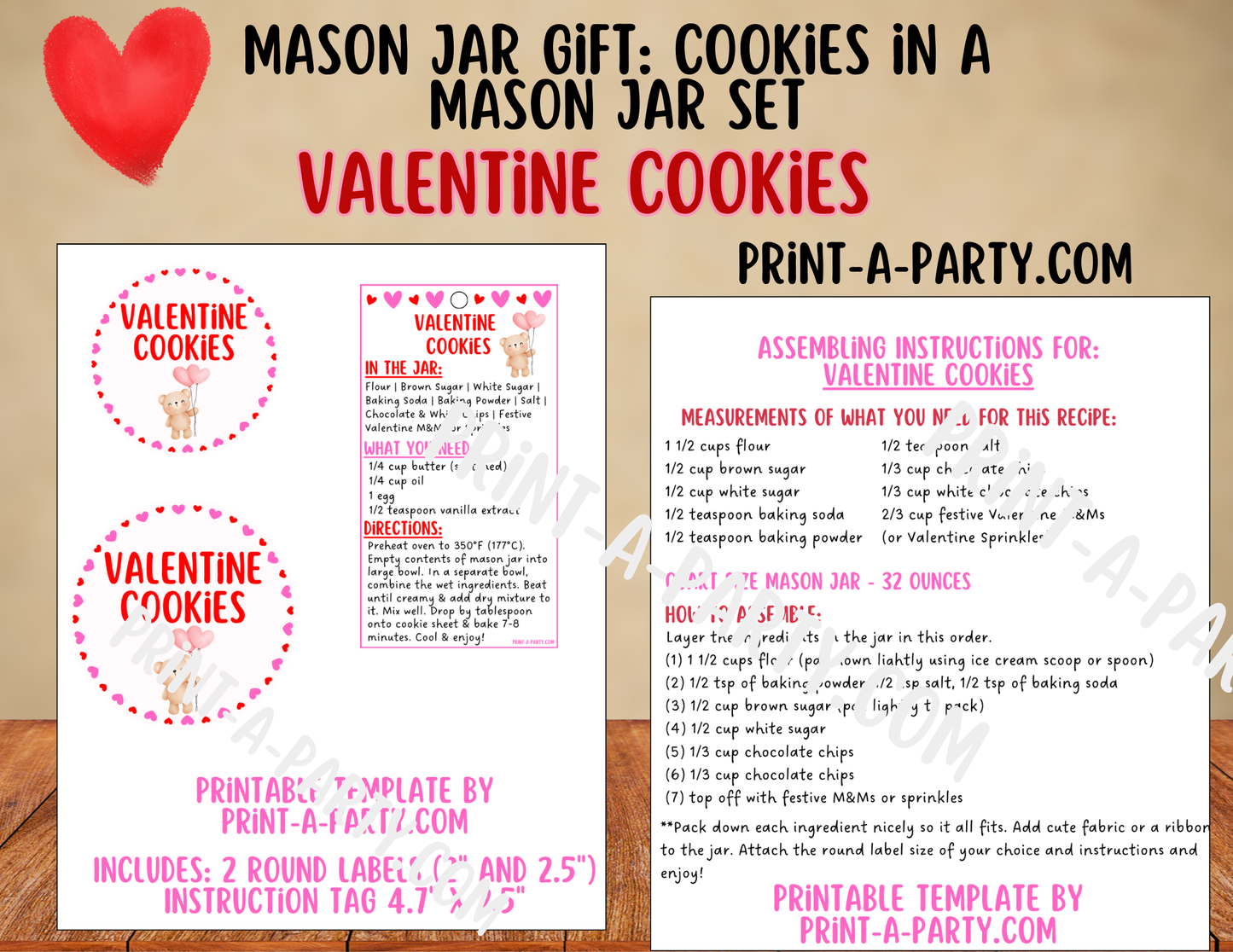 Valentine's Day Cookies in a Printable Mason Jar Gift - Labels & Tag, Recipe Instructions