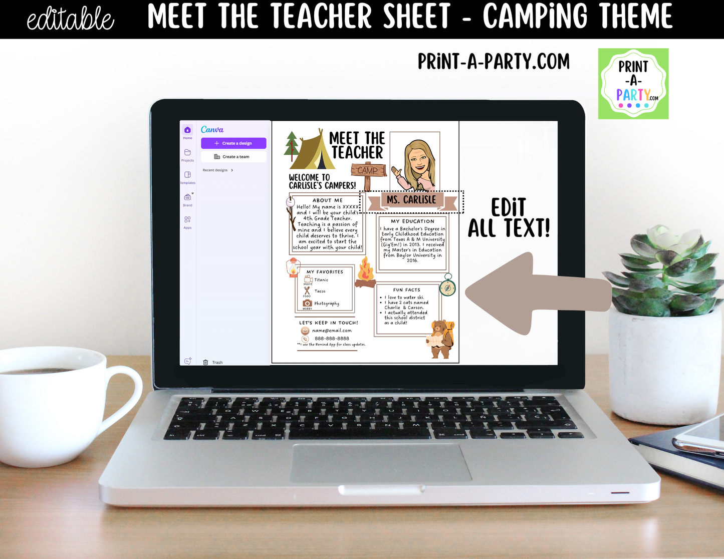Meet the Teacher Camping Theme Canva Template | Editable Back to School Introduction