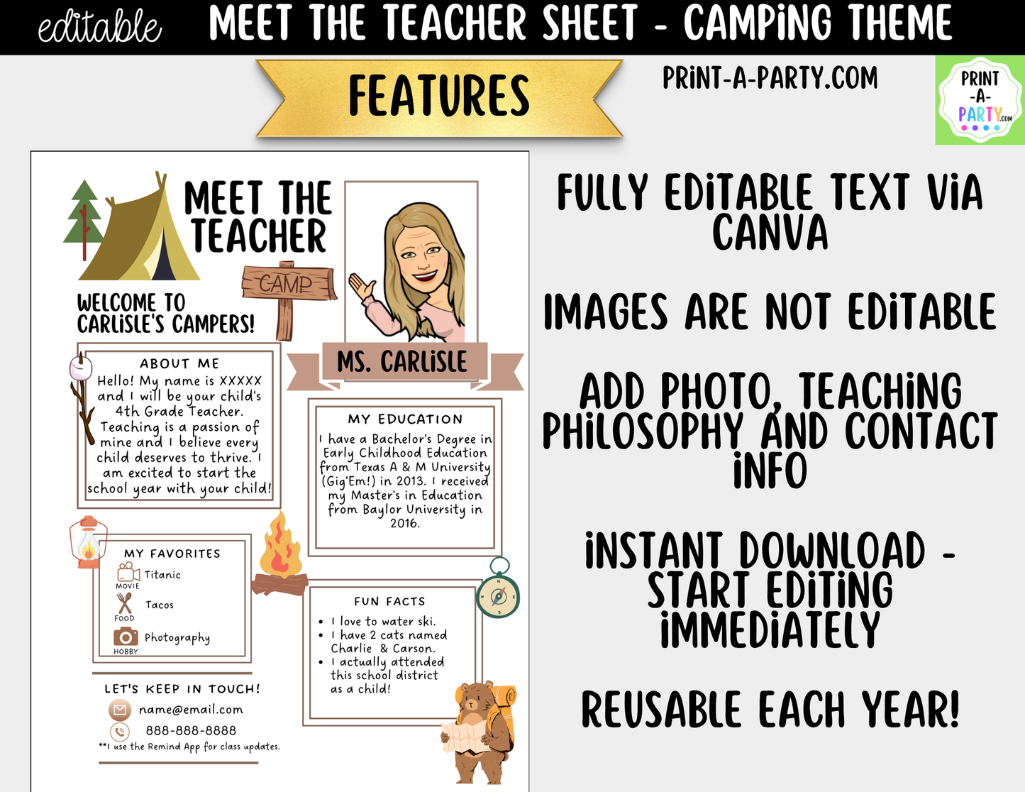 Meet the Teacher Camping Theme Canva Template | Editable Back to School Introduction