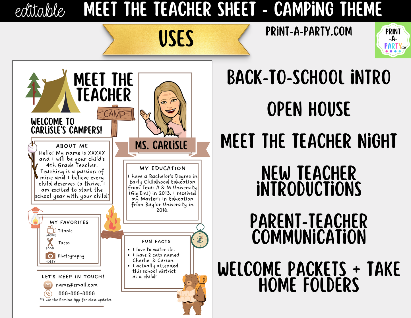 Meet the Teacher Camping Theme Canva Template | Editable Back to School Introduction