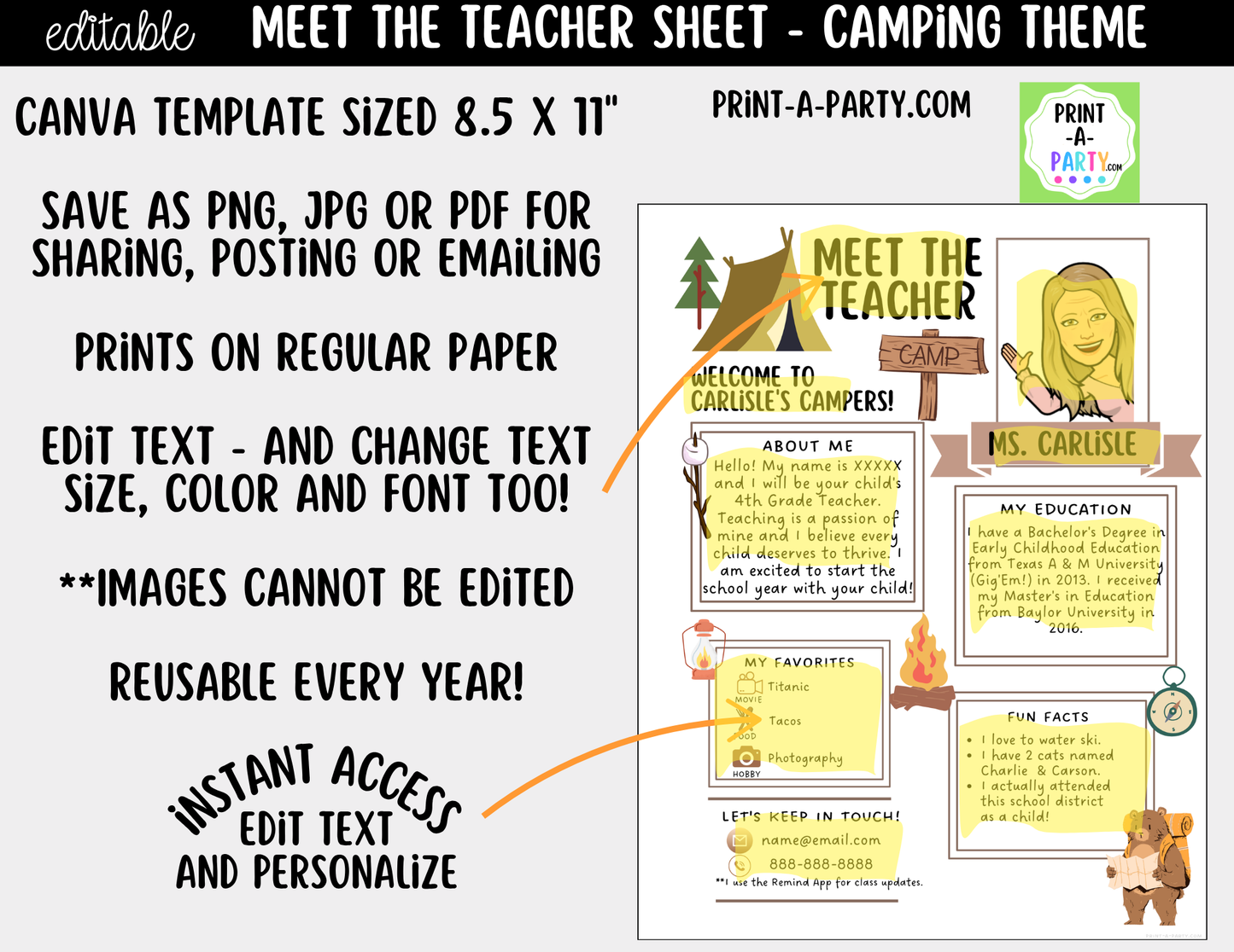 Meet the Teacher Camping Theme Canva Template | Editable Back to School Introduction