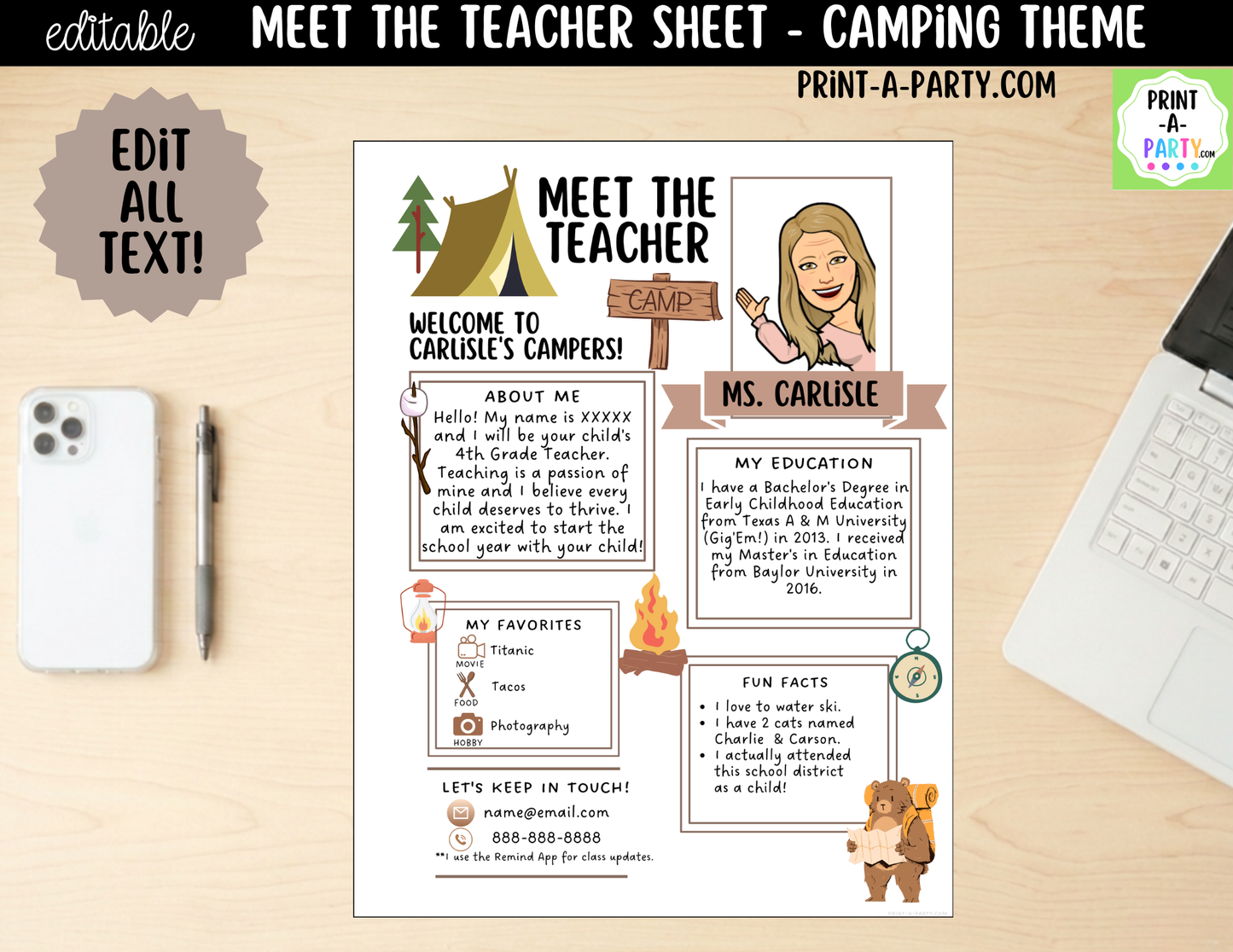 Meet the Teacher Camping Theme Canva Template | Editable Back to School Introduction