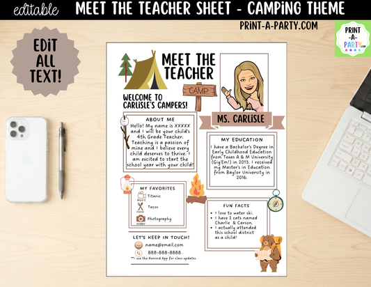 Meet the Teacher Camping Theme Canva Template | Editable Back to School Introduction