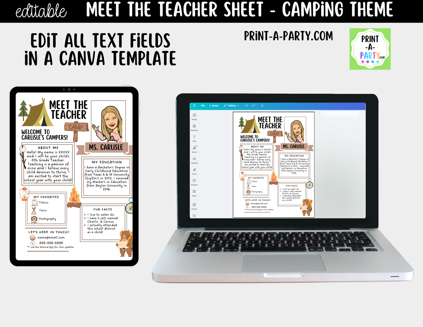 Meet the Teacher Camping Theme Canva Template | Editable Back to School Introduction