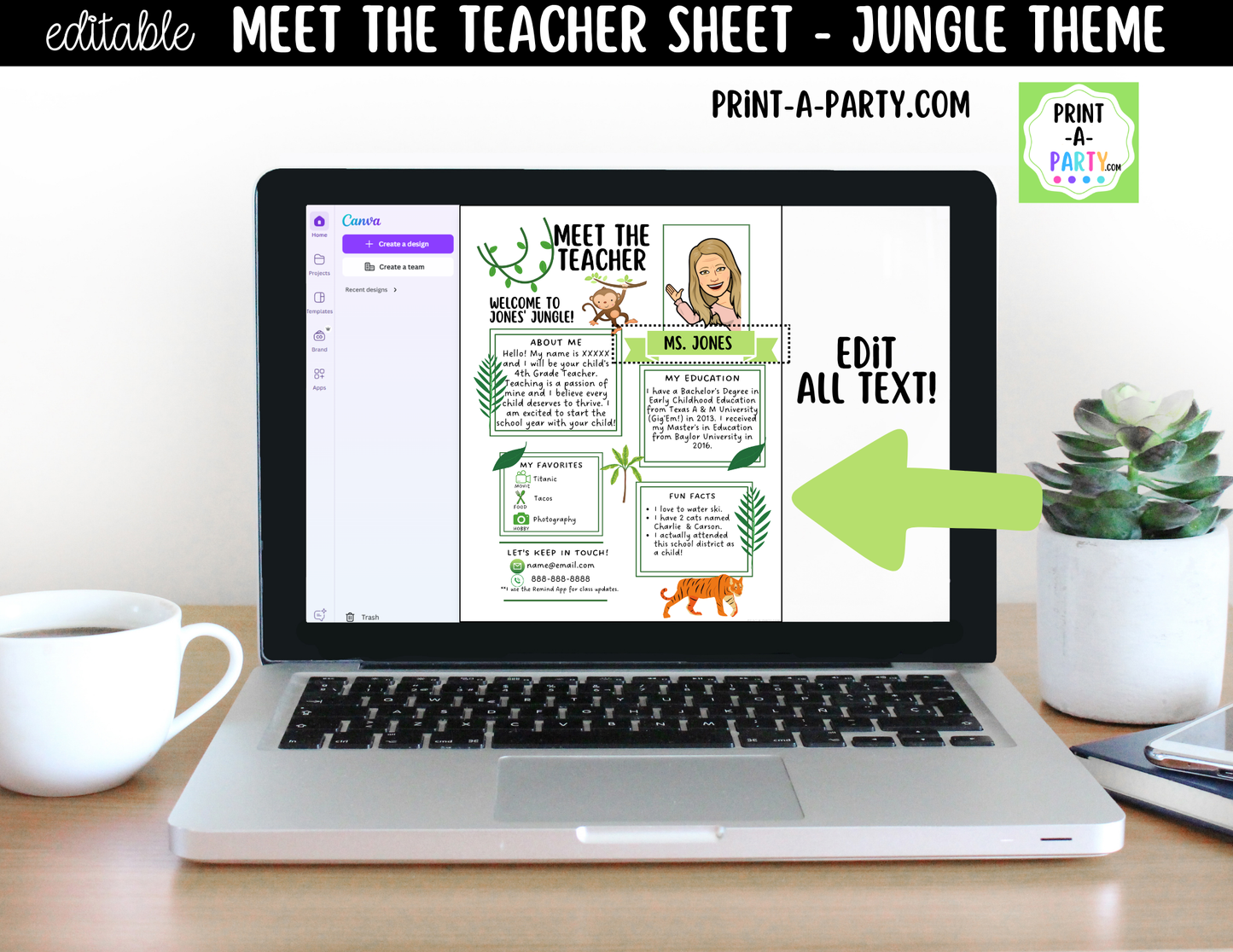 Meet the Teacher Jungle Theme Canva Template | Editable Back to School Introduction
