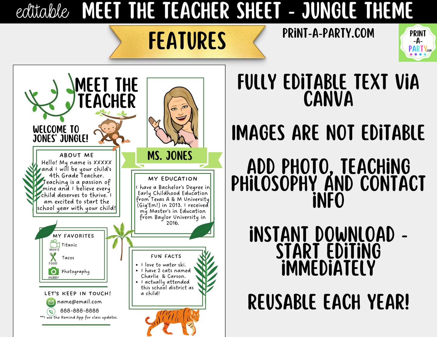 Meet the Teacher Jungle Theme Canva Template | Editable Back to School Introduction