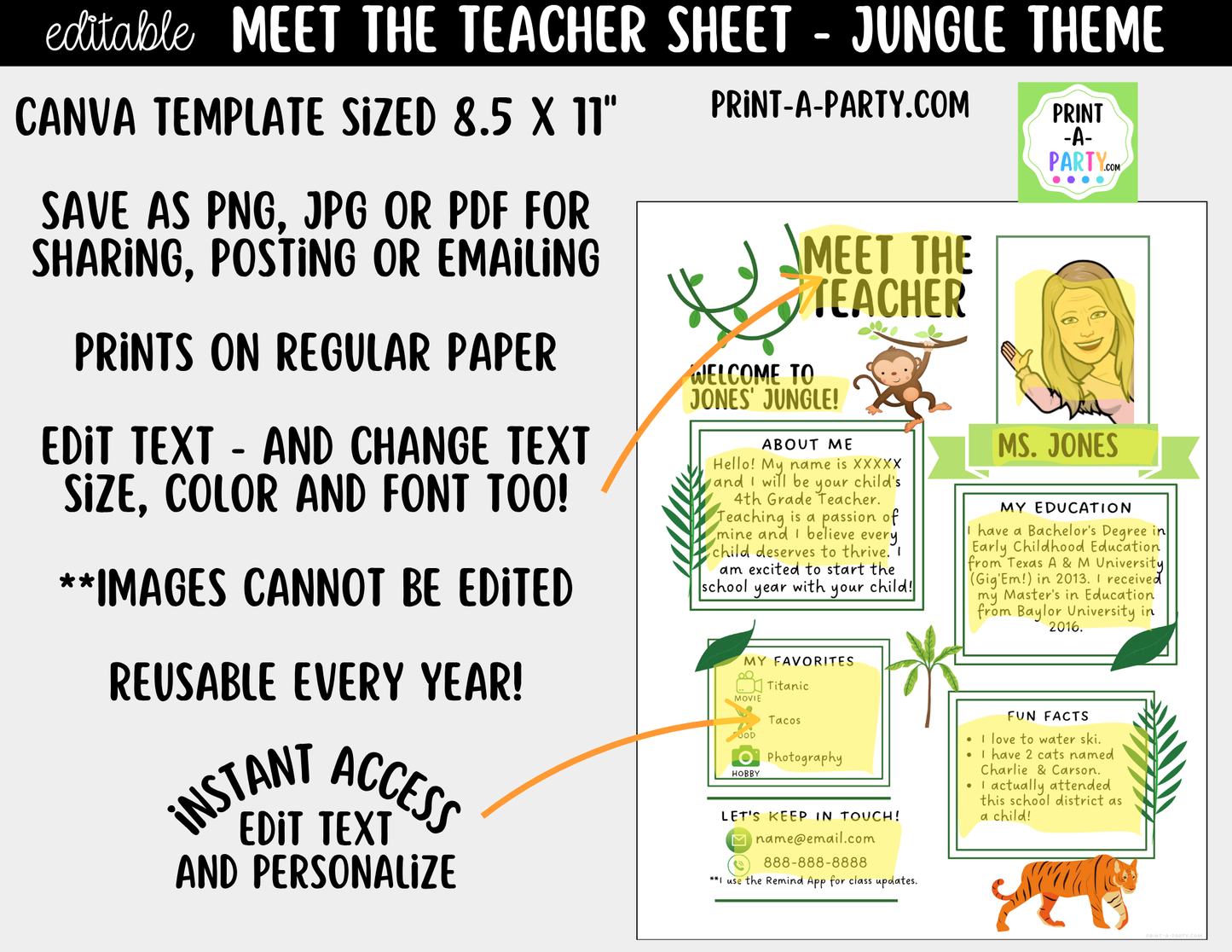 Meet the Teacher Jungle Theme Canva Template | Editable Back to School Introduction
