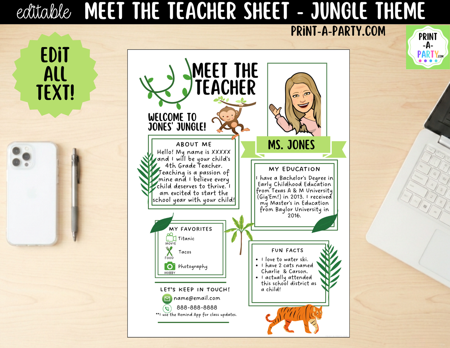 Meet the Teacher Jungle Theme Canva Template | Editable Back to School Introduction