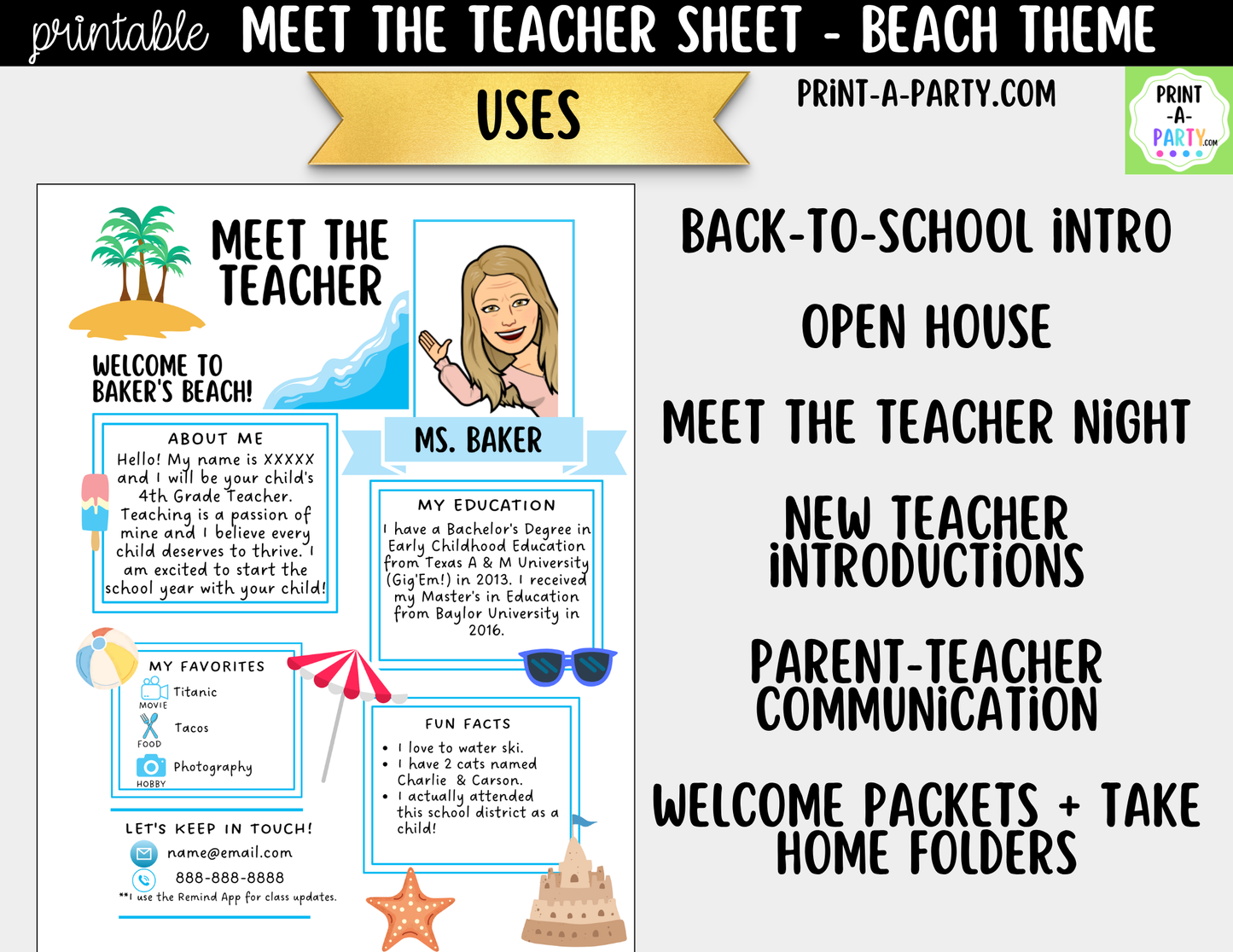 Meet the Teacher Beach Theme Canva Template | Editable Back to School Introduction