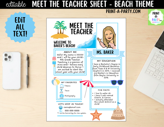 Meet the Teacher Beach Theme Canva Template | Editable Back to School Introduction